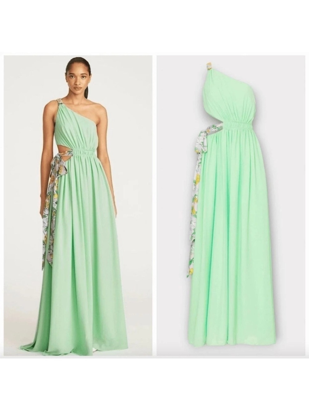Amur Zela One Shoulder Gown sherbet green with lavender floral side tie